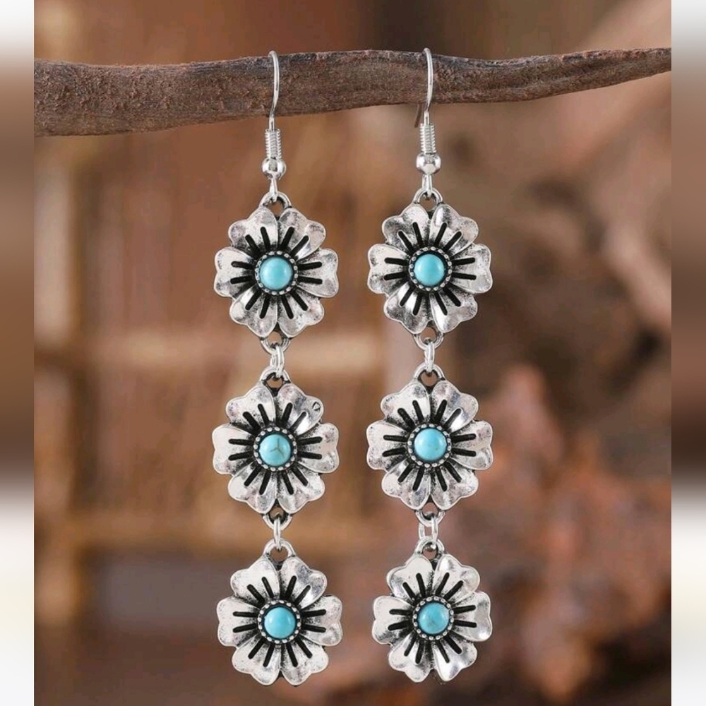🆕️ TURQUOISE FLORAL DROP EARRINGS - SILVER-TONE